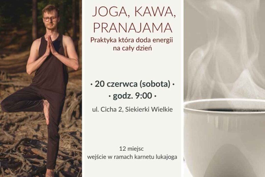 Łukasz Dunowski - instruktor jogi - w pozycji drzewa. Zajęcia Joga, Kawa, Pranajama - 20 czerwca, Siekierki Wielkie