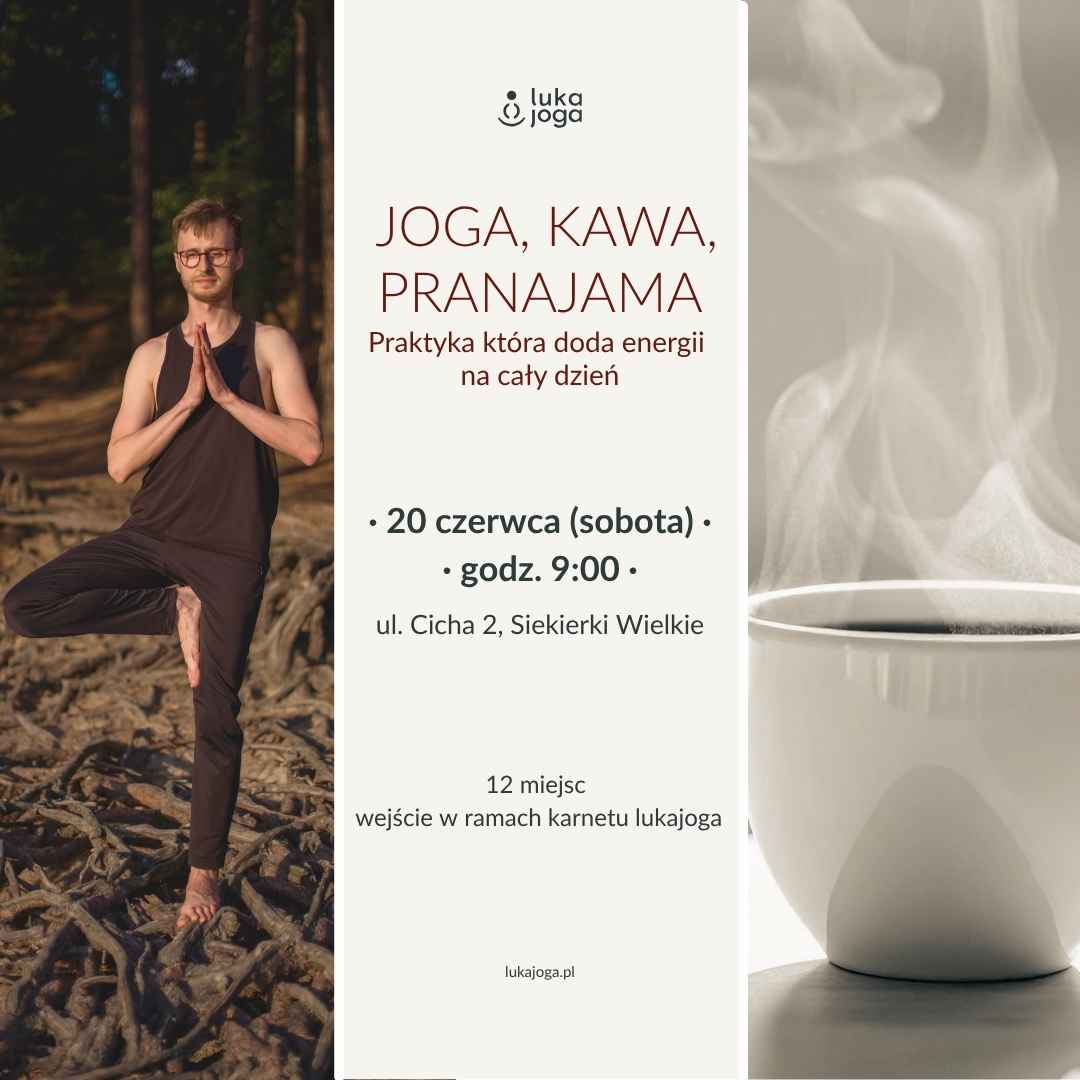 Łukasz Dunowski - instruktor jogi - w pozycji drzewa. Zajęcia Joga, Kawa, Pranajama - 20 czerwca, Siekierki Wielkie